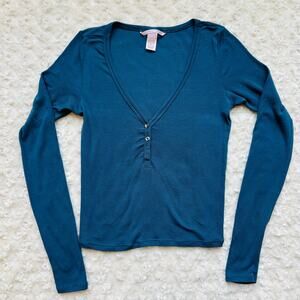 Victoria's Secret Cornflower Blue V Neck Ribbed Henley Long Sleeve Fitted Top XS